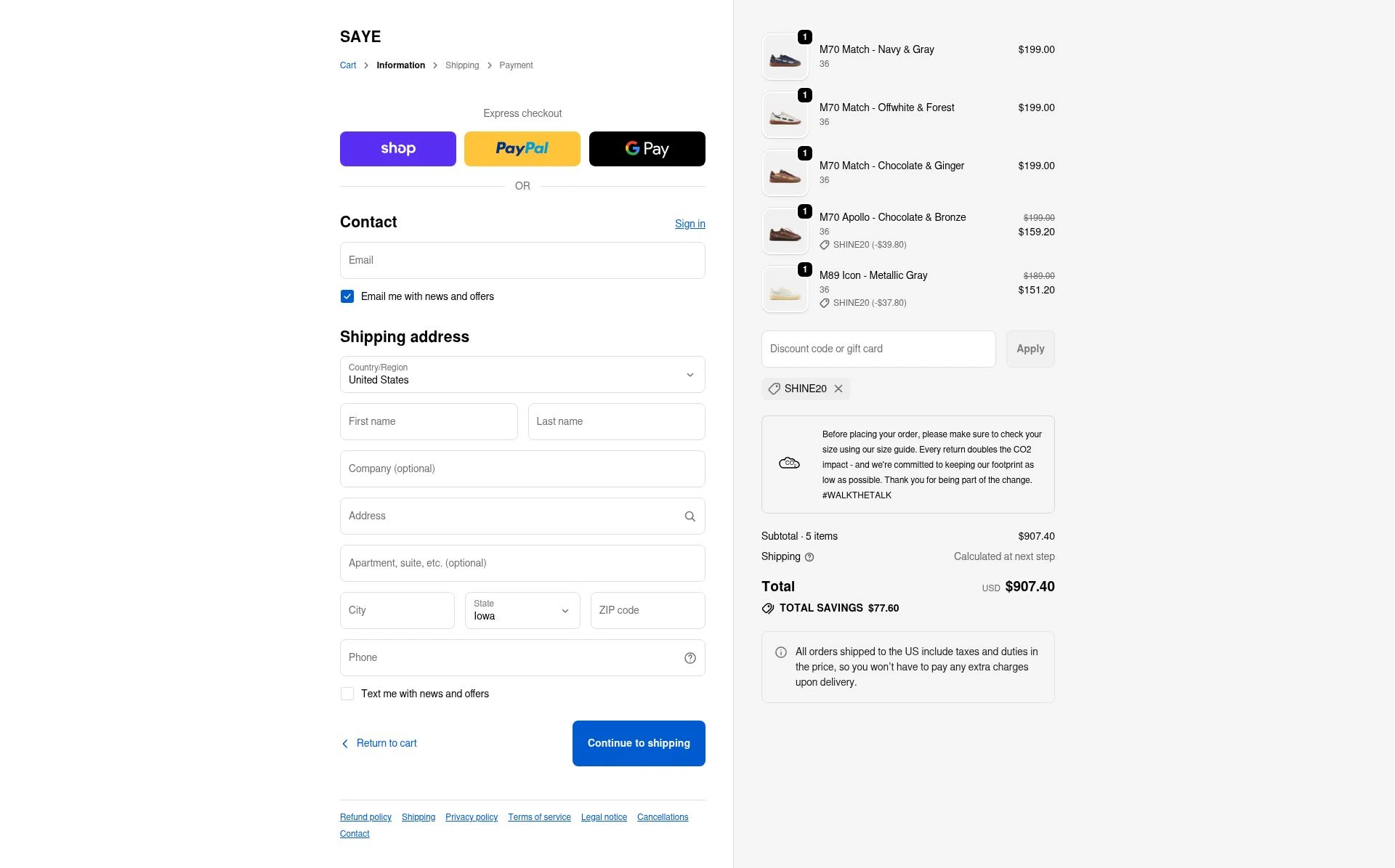 SAYE checkout page showing SAYE discount code box | Screenshot taken by SimplyCodes community member on Oct 22, 2025
