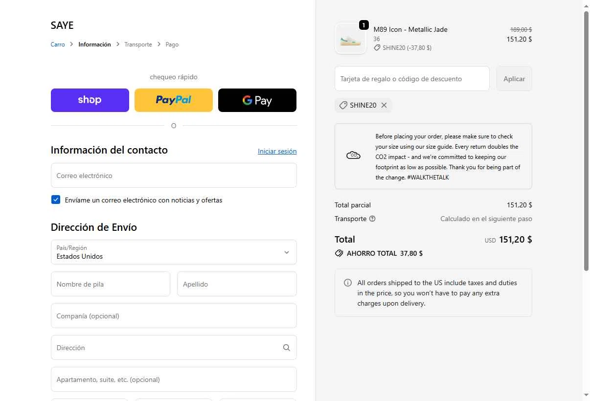 SAYE checkout page showing SAYE discount code box | Screenshot taken by SimplyCodes community member on Oct 16, 2025