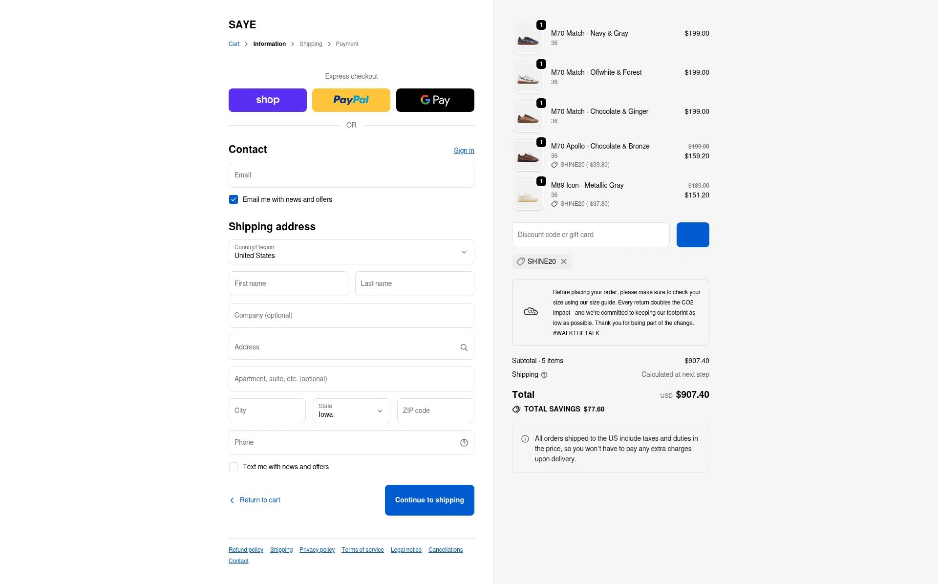 SAYE checkout page showing SAYE discount code box | Screenshot taken by SimplyCodes community member on Oct 18, 2025