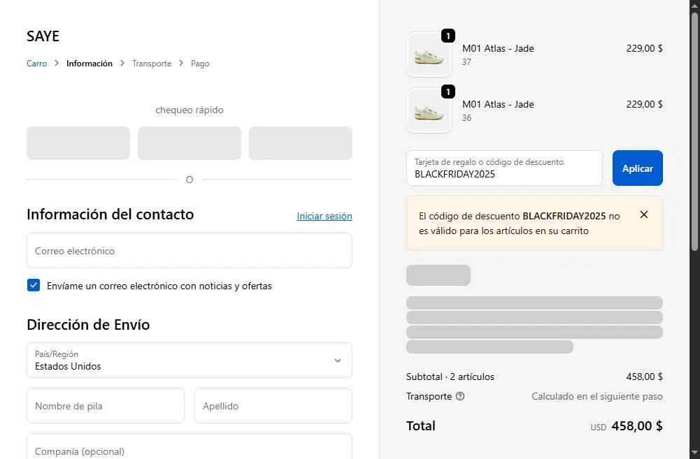 SAYE checkout page showing SAYE discount code box | Screenshot taken by SimplyCodes community member on Nov 6, 2025