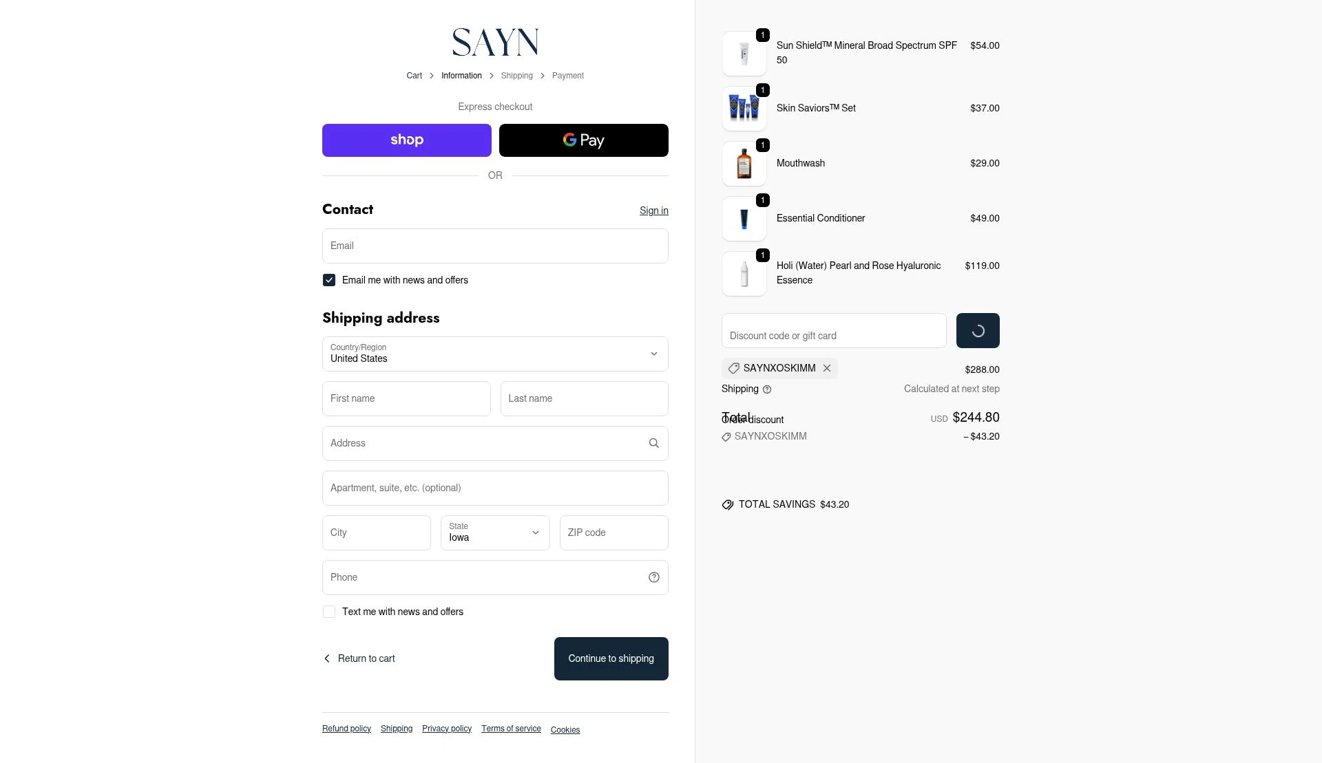 Sayn Beauty checkout page showing Sayn Beauty promo code box | Screenshot taken by SimplyCodes community member on Dec 21, 2025