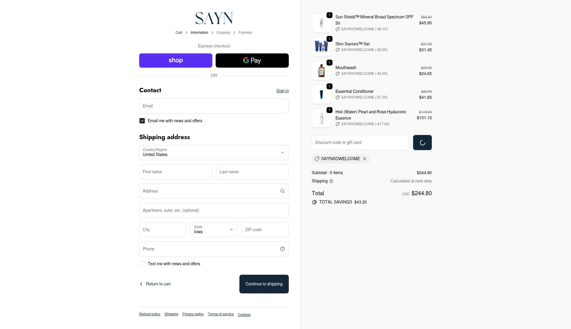 Sayn Beauty checkout page showing Sayn Beauty promo code box | Screenshot taken by SimplyCodes community member on Dec 21, 2025