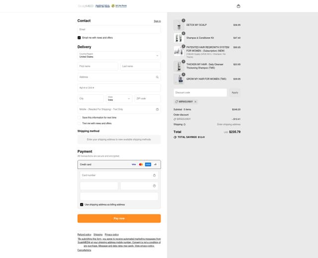 ScalpMED checkout page showing ScalpMED discount code box | Screenshot taken by SimplyCodes community member on Sep 10, 2025
