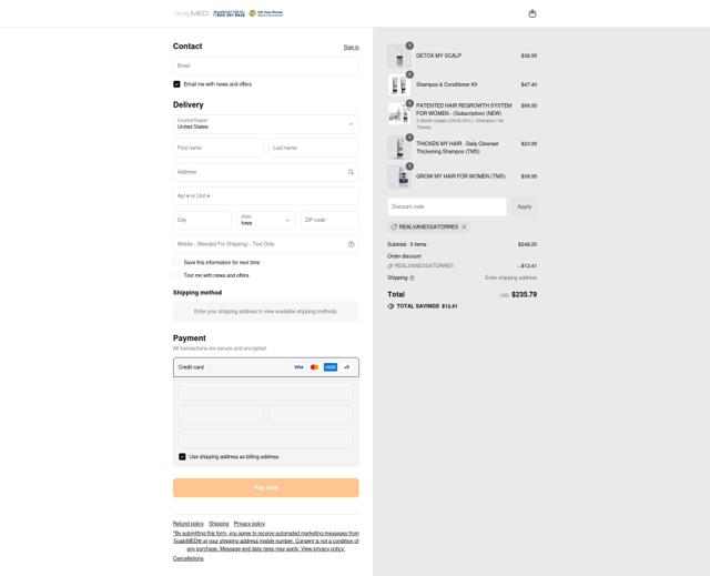 ScalpMED checkout page showing ScalpMED discount code box | Screenshot taken by SimplyCodes community member on Sep 10, 2025