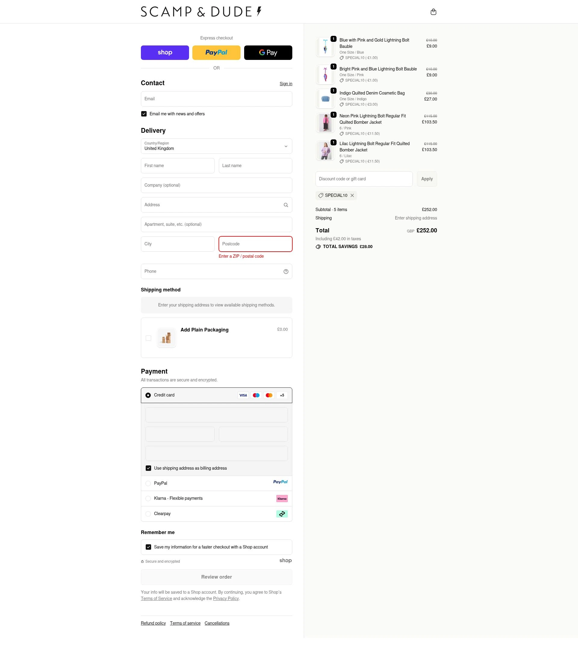 Scamp & Dude checkout page showing Scamp & Dude discount code box | Screenshot taken by SimplyCodes community member on Oct 29, 2025
