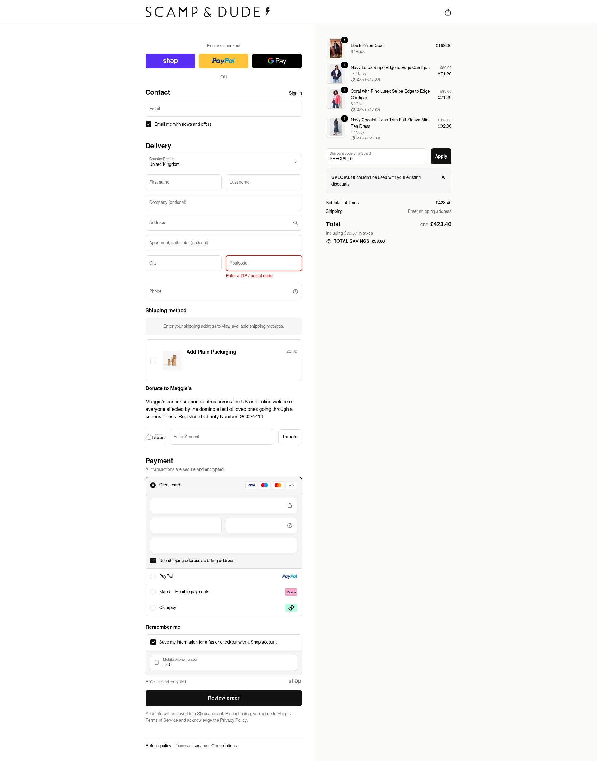 Scamp & Dude checkout page showing Scamp & Dude discount code box | Screenshot taken by SimplyCodes community member on Nov 26, 2025