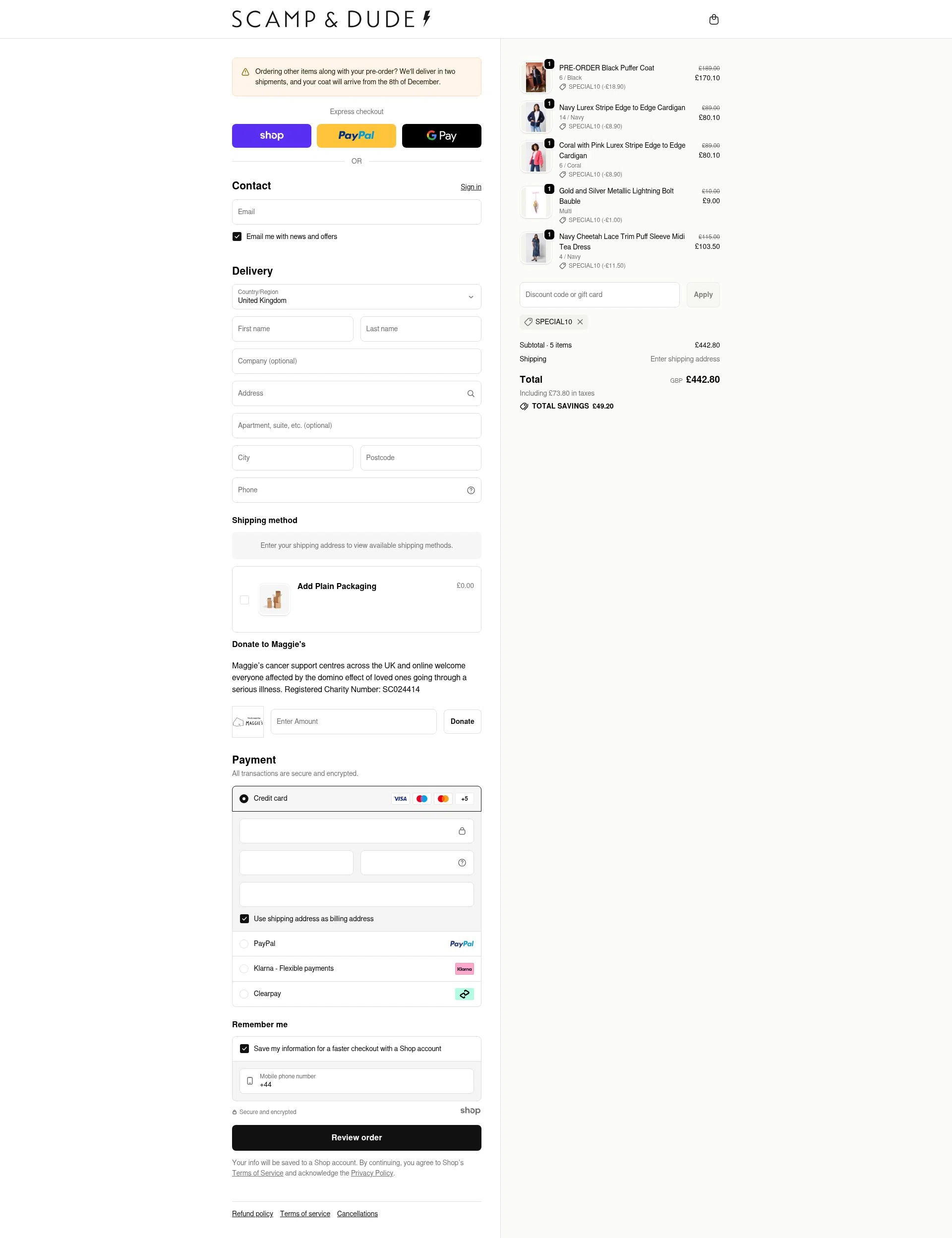 Scamp & Dude checkout page showing Scamp & Dude discount code box | Screenshot taken by SimplyCodes community member on Nov 21, 2025