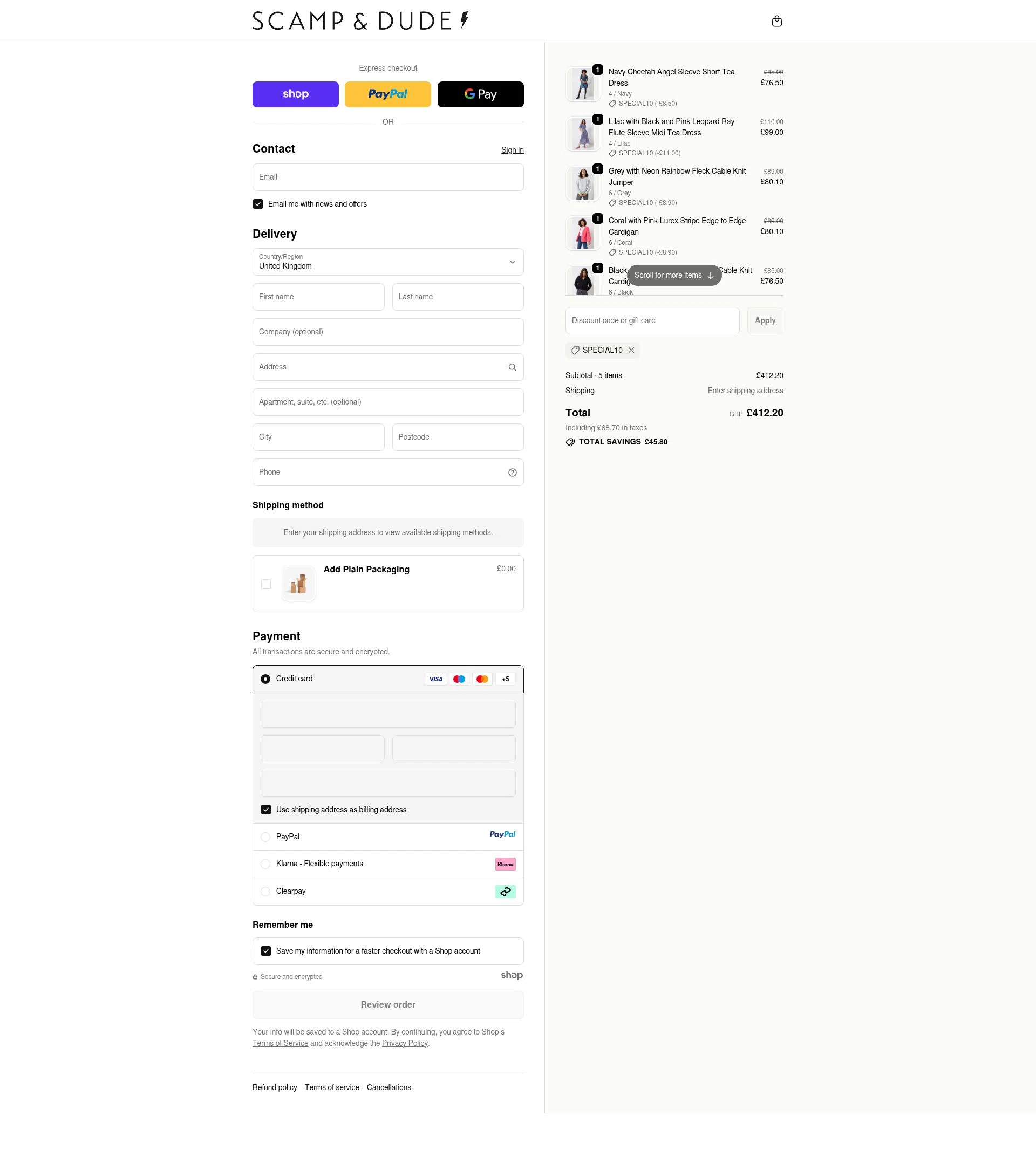 Scamp & Dude checkout page showing Scamp & Dude discount code box | Screenshot taken by SimplyCodes community member on Oct 12, 2025