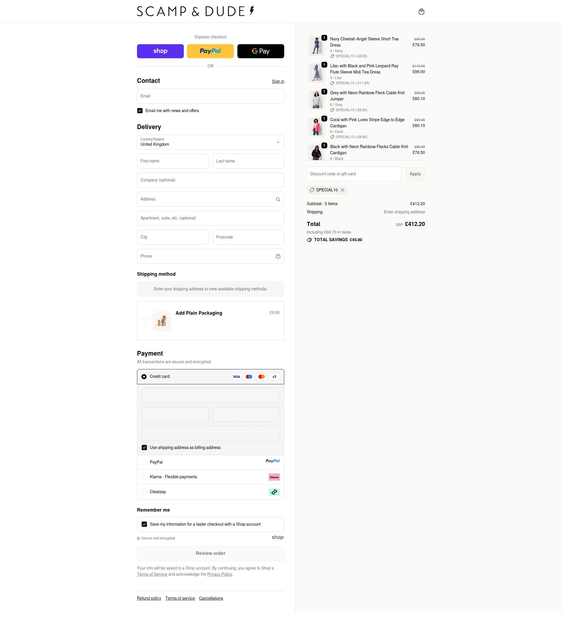 Scamp & Dude checkout page showing Scamp & Dude discount code box | Screenshot taken by SimplyCodes community member on Oct 20, 2025