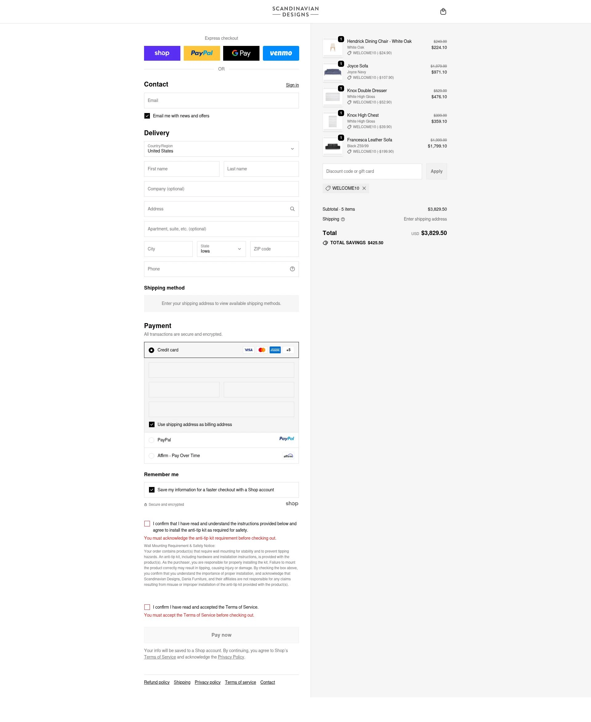Scandinavian Designs checkout page showing Scandinavian Designs discount code box | Screenshot taken by SimplyCodes community member on Sep 20, 2025