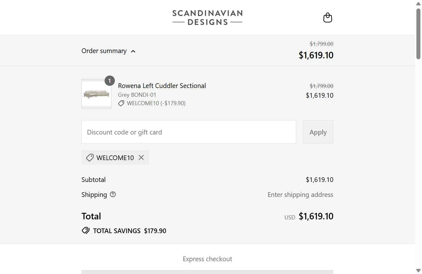 Scandinavian Designs checkout page showing Scandinavian Designs discount code box | Screenshot taken by SimplyCodes community member on Sep 10, 2025