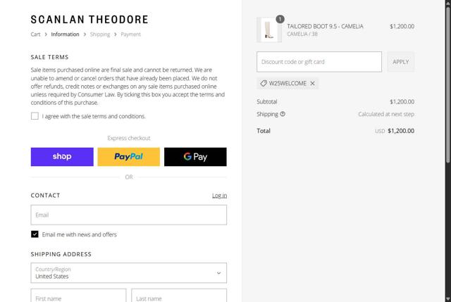 Scanlan Theodore checkout page showing Scanlan Theodore promo code box | Screenshot taken by SimplyCodes community member on Sep 8, 2025