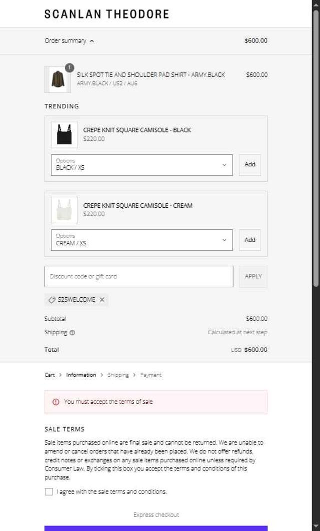 Scanlan Theodore checkout page showing Scanlan Theodore promo code box | Screenshot taken by SimplyCodes community member on Aug 12, 2025