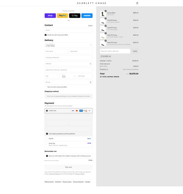 Scarlett Chase checkout page showing Scarlett Chase promo code box | Screenshot taken by SimplyCodes community member on Sep 8, 2025