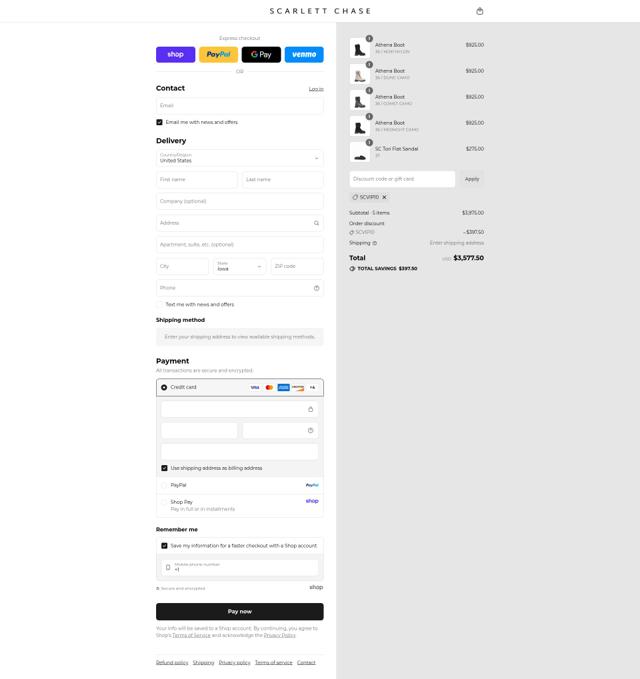 Scarlett Chase checkout page showing Scarlett Chase promo code box | Screenshot taken by SimplyCodes community member on Sep 4, 2025