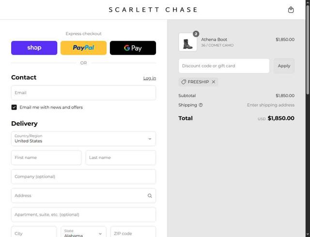 Scarlett Chase checkout page showing Scarlett Chase promo code box | Screenshot taken by SimplyCodes community member on Sep 4, 2025