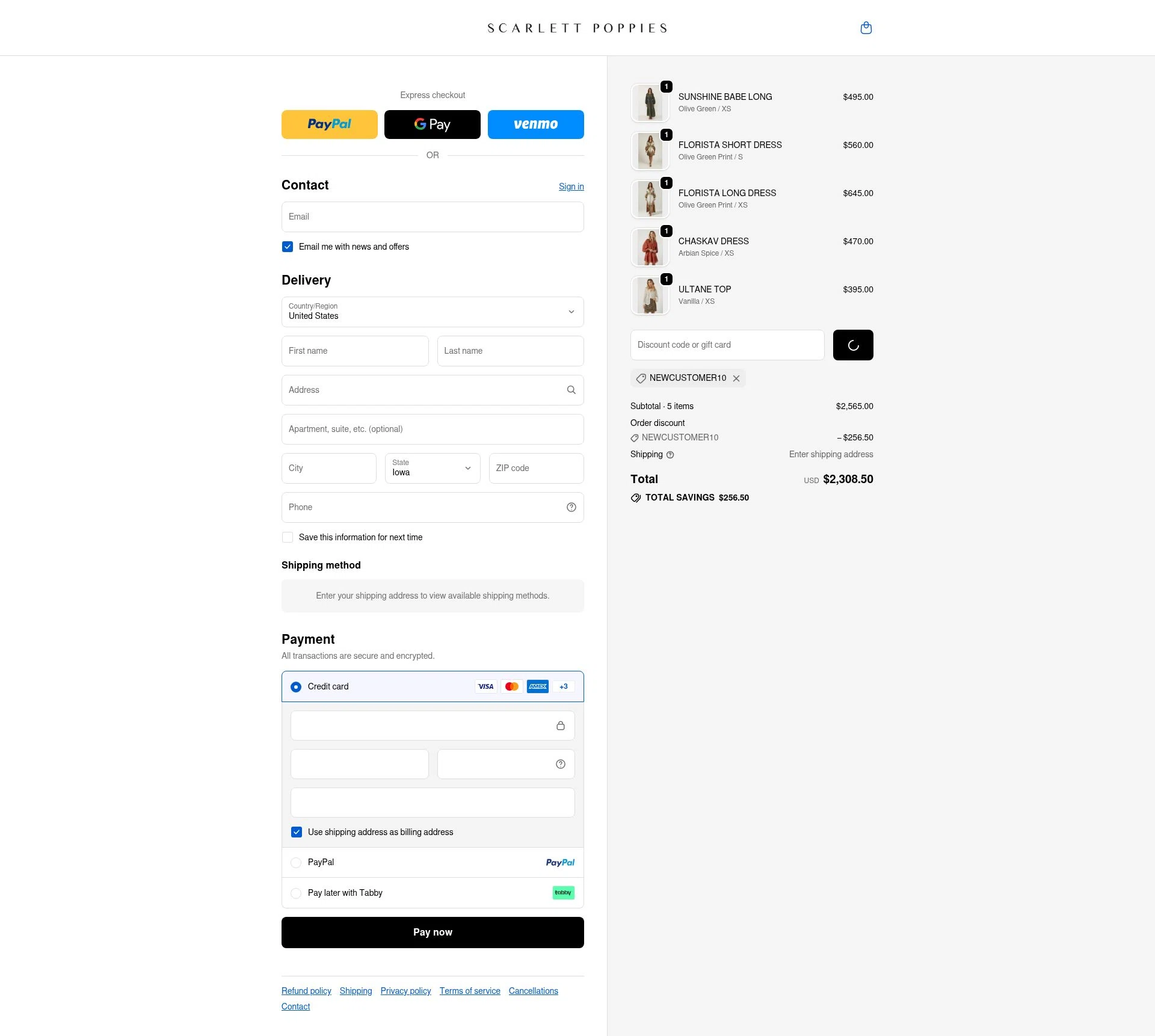 Scarlett Poppies checkout page showing Scarlett Poppies promo code box | Screenshot taken by SimplyCodes community member on Dec 21, 2025