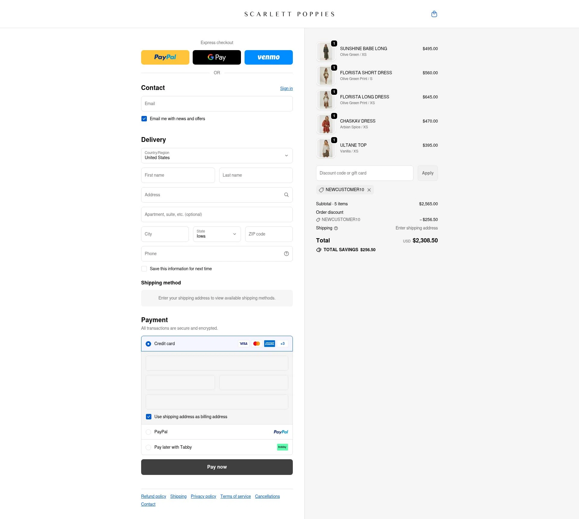 Scarlett Poppies checkout page showing Scarlett Poppies promo code box | Screenshot taken by SimplyCodes community member on Dec 3, 2025