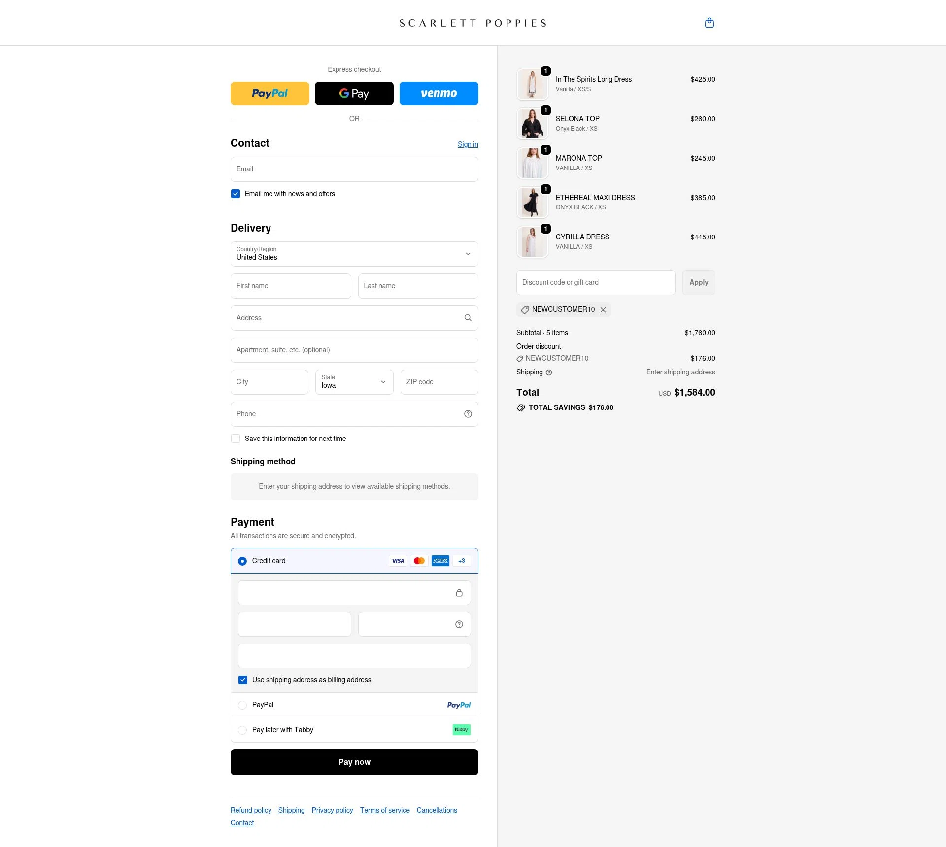 Scarlett Poppies checkout page showing Scarlett Poppies promo code box | Screenshot taken by SimplyCodes community member on Nov 23, 2025