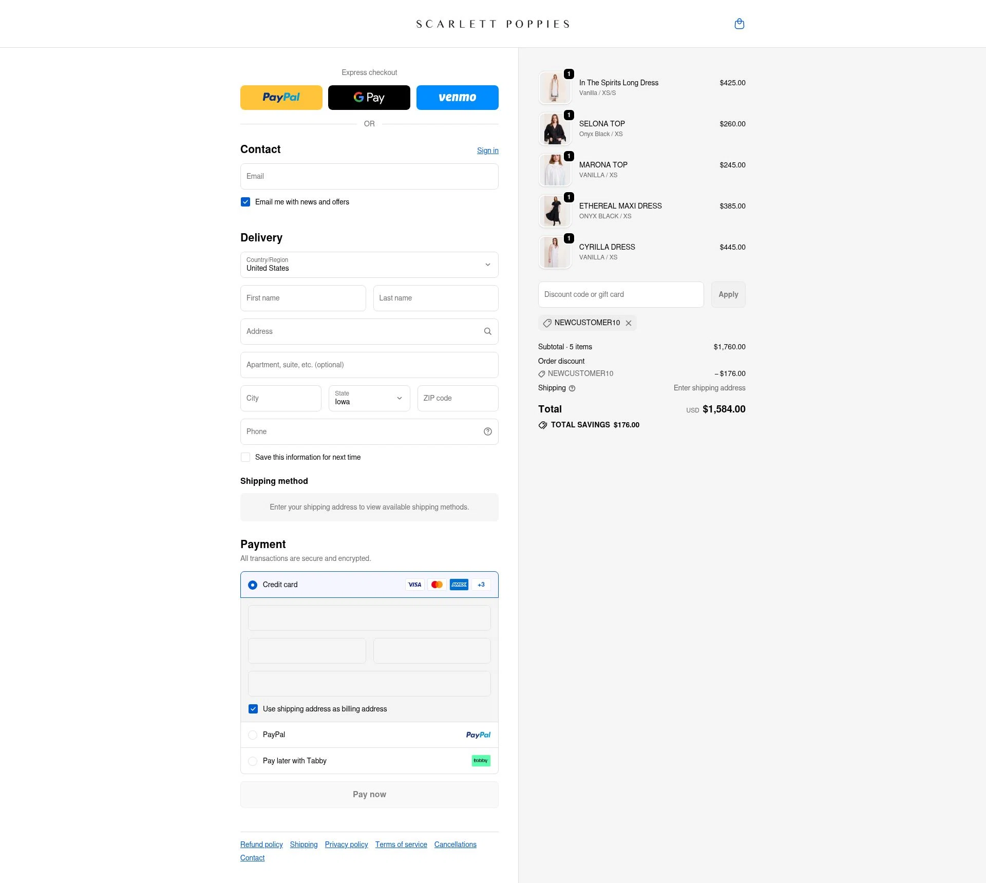 Scarlett Poppies checkout page showing Scarlett Poppies promo code box | Screenshot taken by SimplyCodes community member on Nov 17, 2025