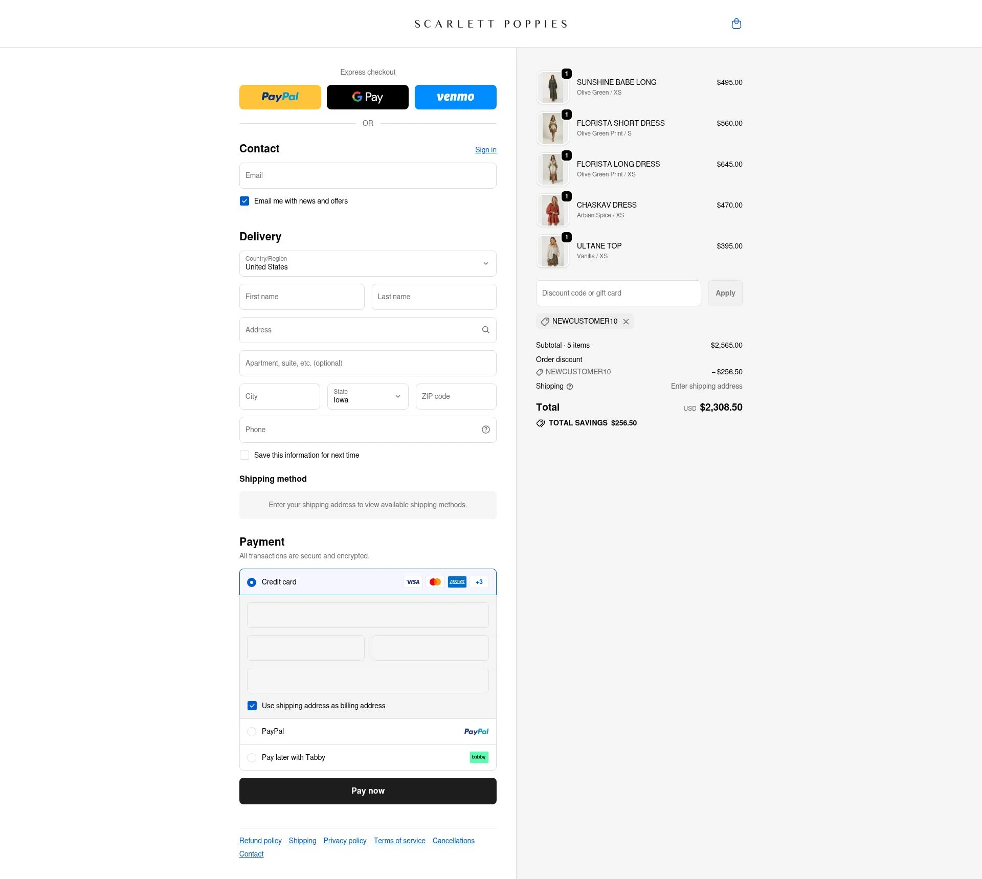 Scarlett Poppies checkout page showing Scarlett Poppies promo code box | Screenshot taken by SimplyCodes community member on Dec 8, 2025