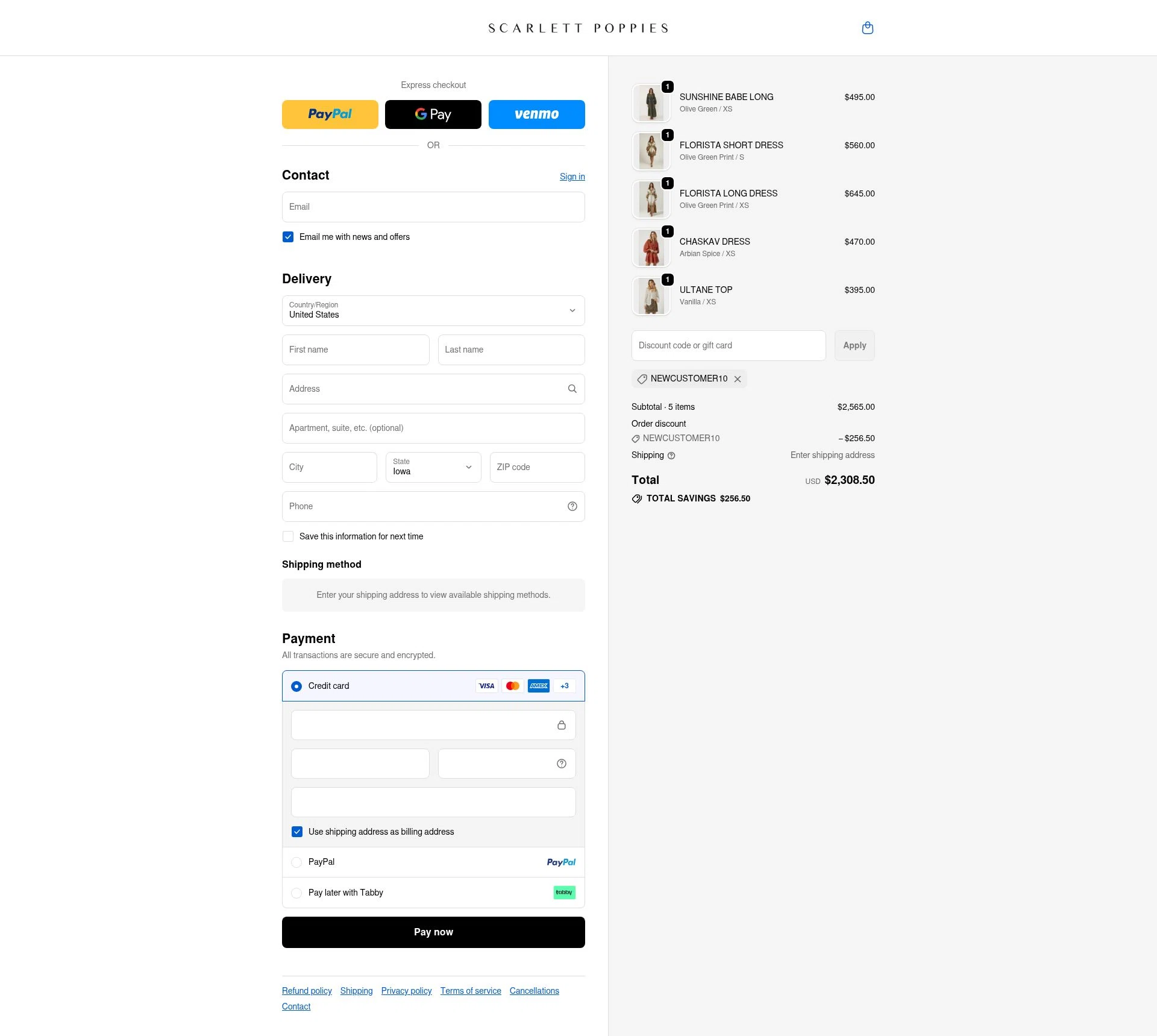 Scarlett Poppies checkout page showing Scarlett Poppies promo code box | Screenshot taken by SimplyCodes community member on Dec 14, 2025