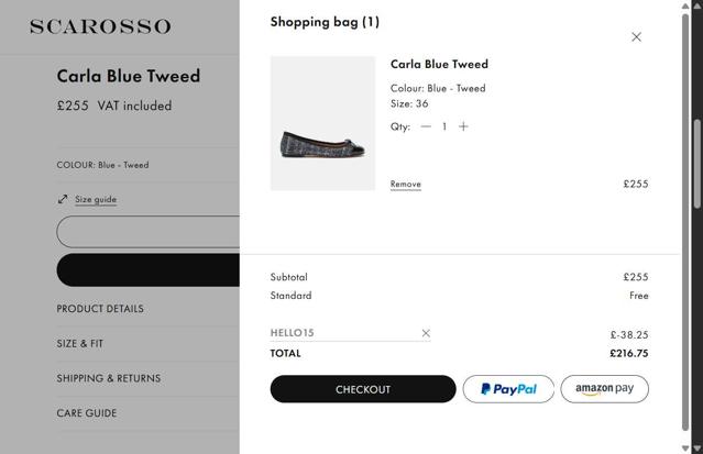 Scarosso checkout page showing Scarosso promo code box | Screenshot taken by SimplyCodes community member on Sep 5, 2025