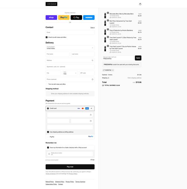 Scent Decant checkout page showing Scent Decant discount code box | Screenshot taken by SimplyCodes community member on Sep 10, 2025