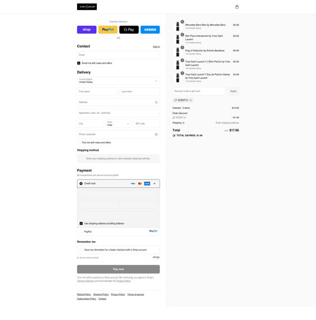 Scent Decant checkout page showing Scent Decant discount code box | Screenshot taken by SimplyCodes community member on Sep 14, 2025