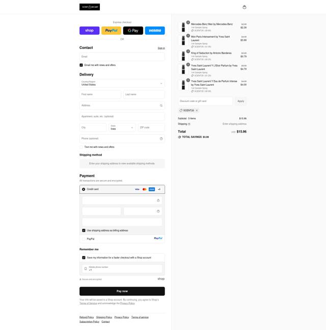 Scent Decant checkout page showing Scent Decant discount code box | Screenshot taken by SimplyCodes community member on Sep 14, 2025