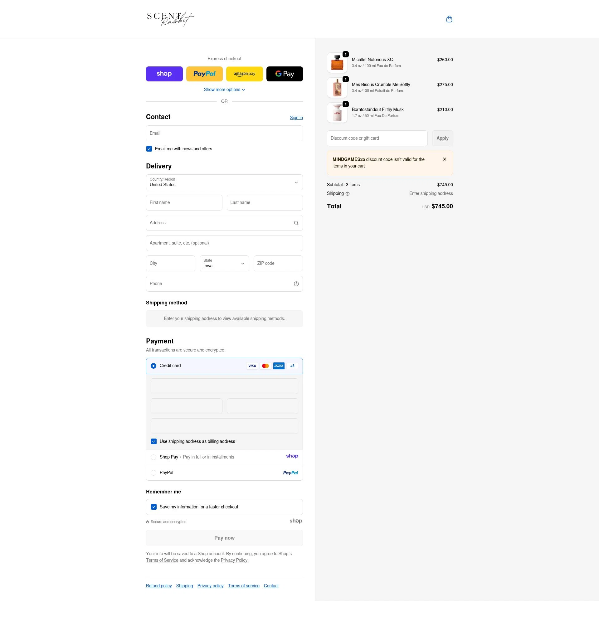 ScentRabbit checkout page showing ScentRabbit promo code box | Screenshot taken by SimplyCodes community member on Jan 17, 2026