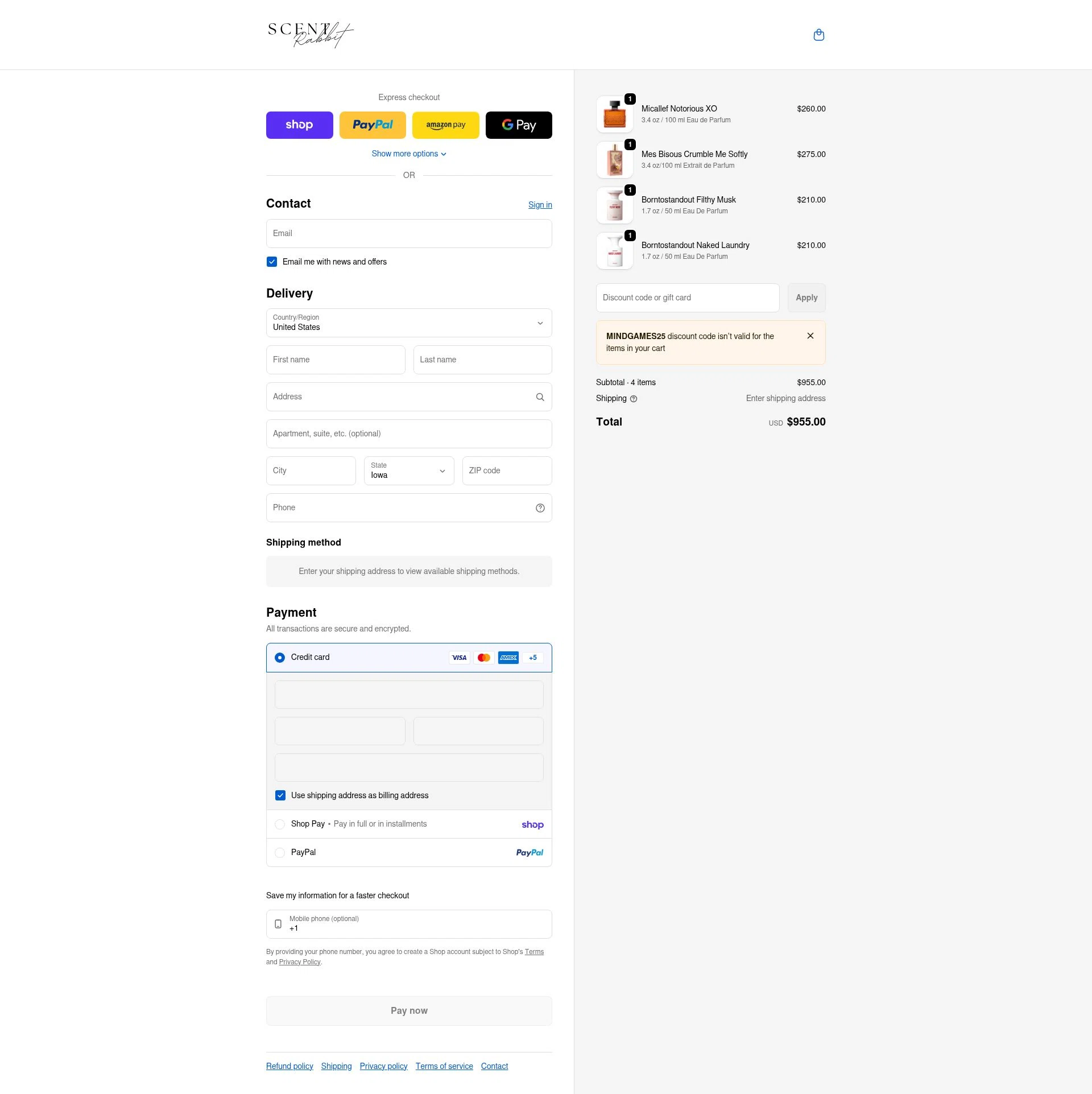ScentRabbit checkout page showing ScentRabbit promo code box | Screenshot taken by SimplyCodes community member on Feb 9, 2026