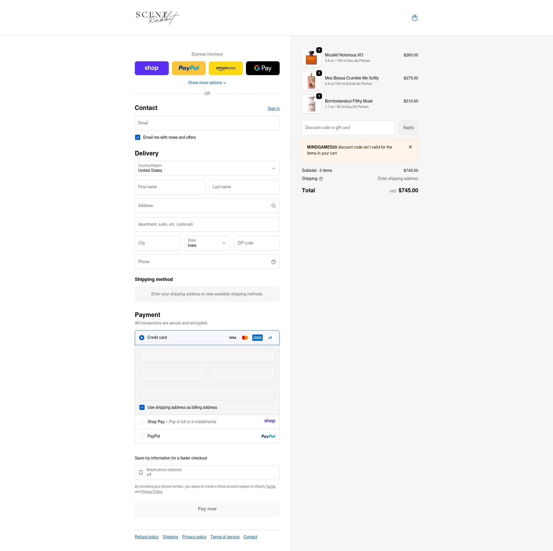 ScentRabbit checkout page showing ScentRabbit promo code box | Screenshot taken by SimplyCodes community member on Jan 12, 2026