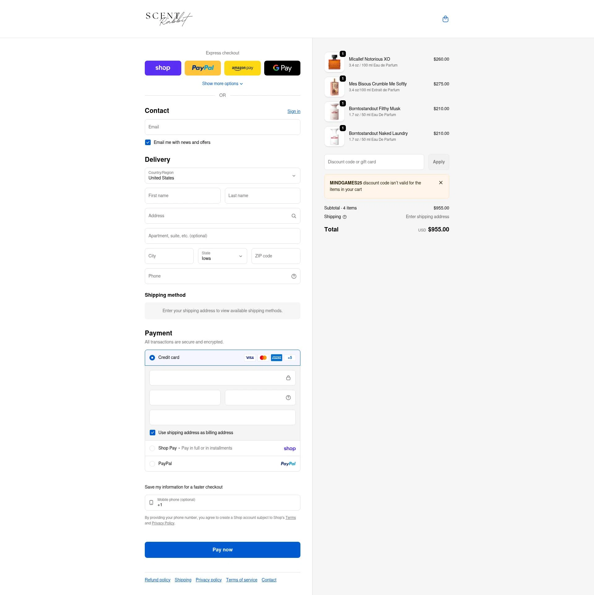 ScentRabbit checkout page showing ScentRabbit promo code box | Screenshot taken by SimplyCodes community member on Jan 31, 2026