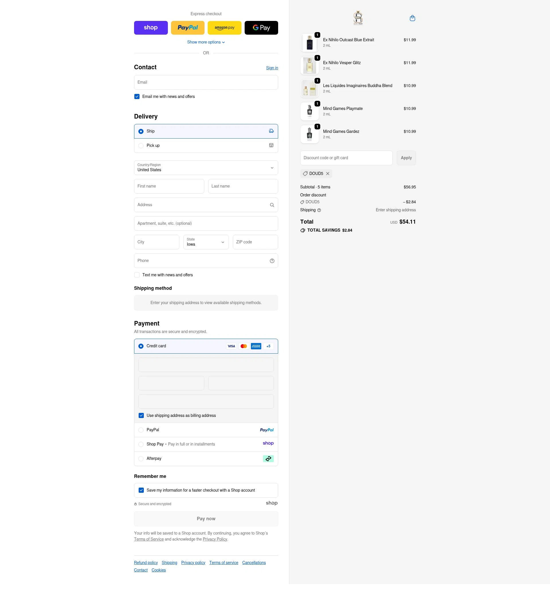 Scent Rush checkout page showing Scent Rush discount code box | Screenshot taken by SimplyCodes community member on Nov 15, 2025