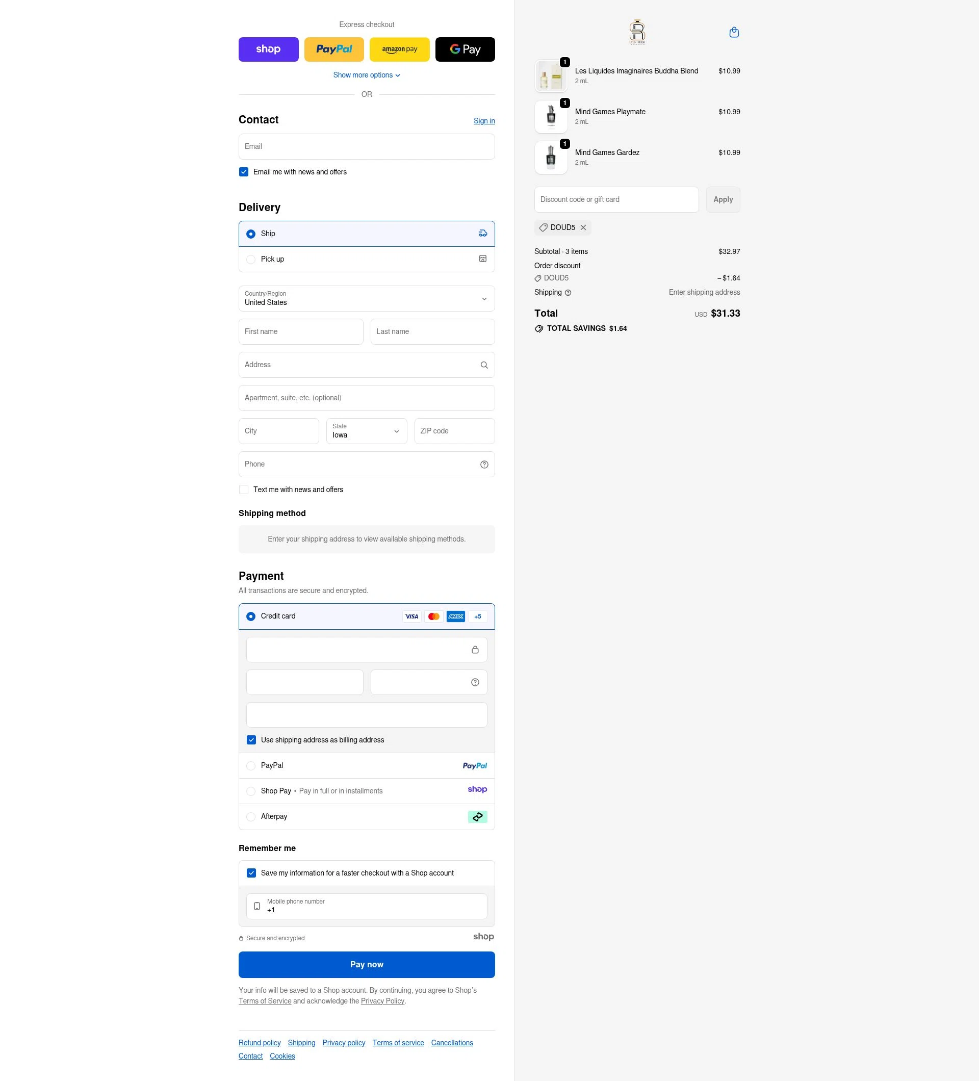 Scent Rush checkout page showing Scent Rush discount code box | Screenshot taken by SimplyCodes community member on Nov 20, 2025