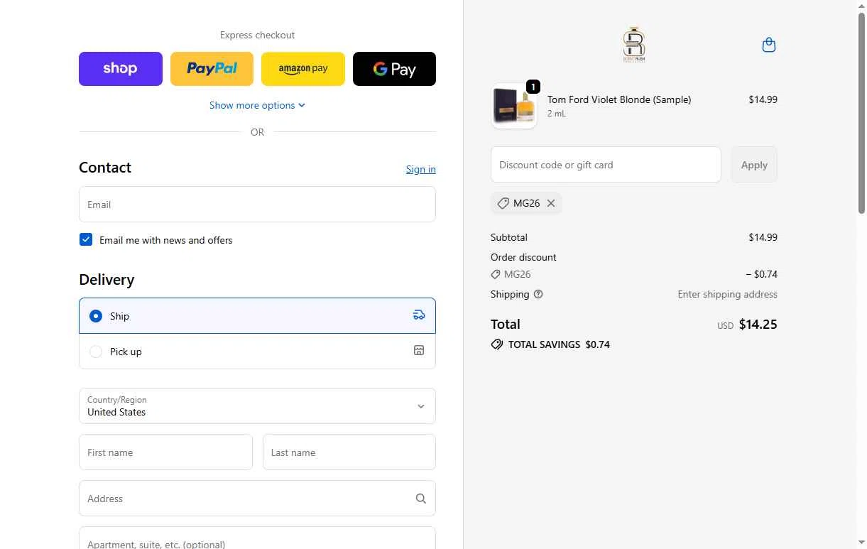 Scent Rush checkout page showing Scent Rush discount code box | Screenshot taken by SimplyCodes community member on Feb 17, 2026