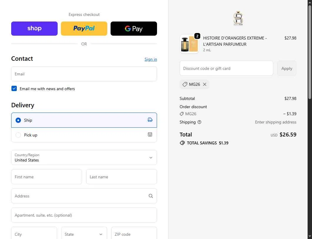 Scent Rush checkout page showing Scent Rush discount code box | Screenshot taken by SimplyCodes community member on Feb 18, 2026