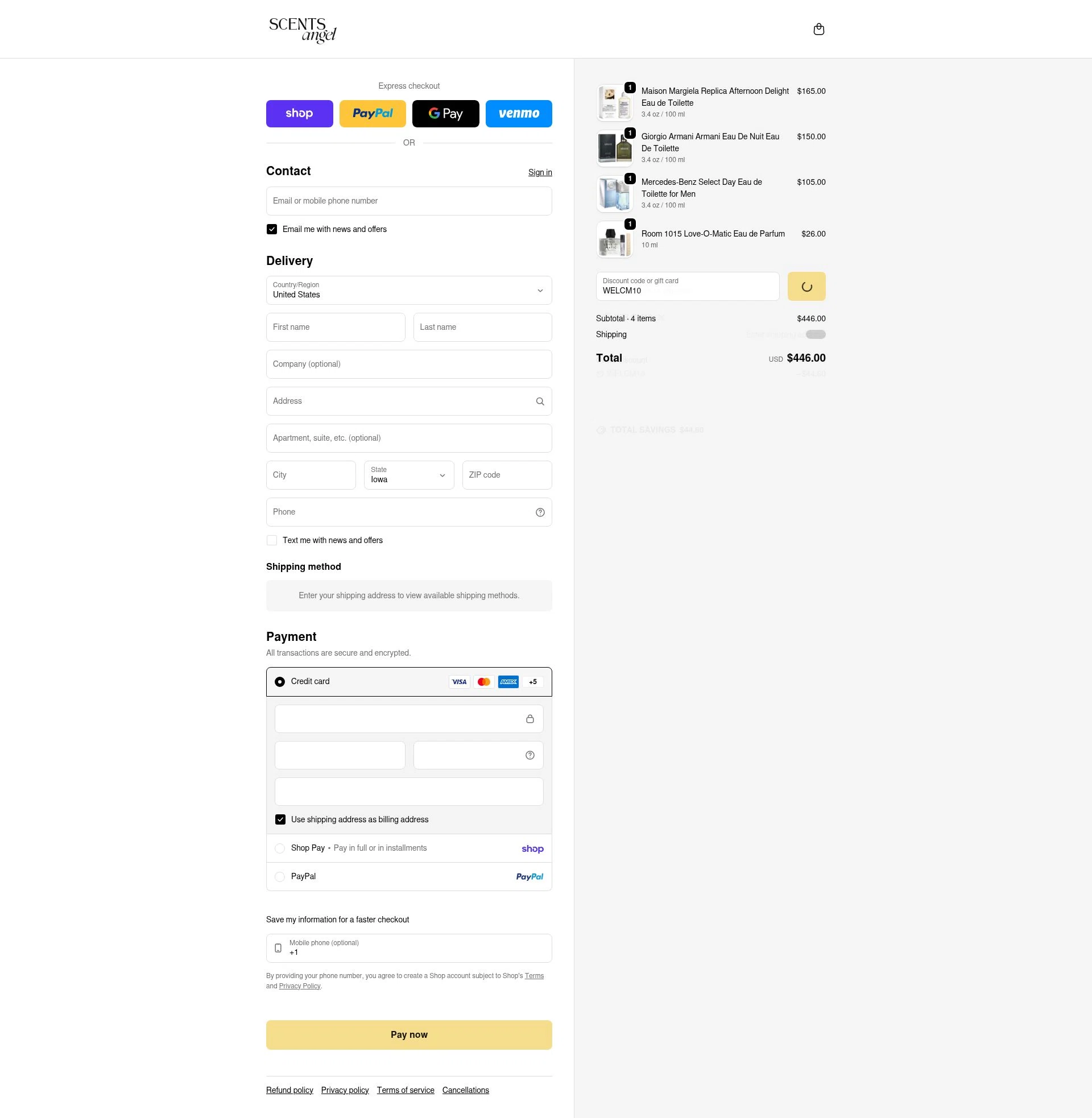 Scents Angel checkout page showing Scents Angel discount code box | Screenshot taken by SimplyCodes community member on Feb 25, 2026
