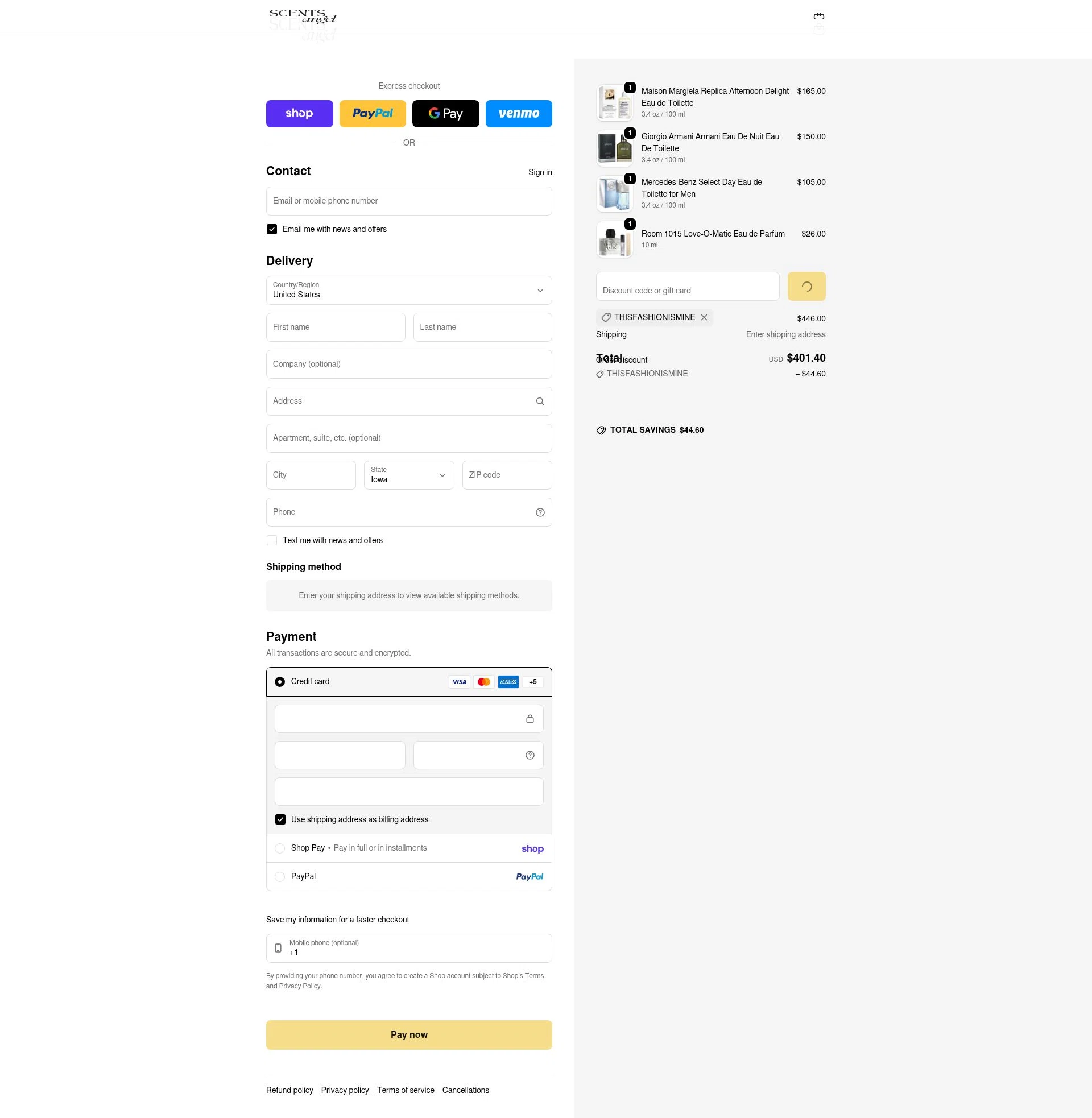 Scents Angel checkout page showing Scents Angel discount code box | Screenshot taken by SimplyCodes community member on Feb 25, 2026