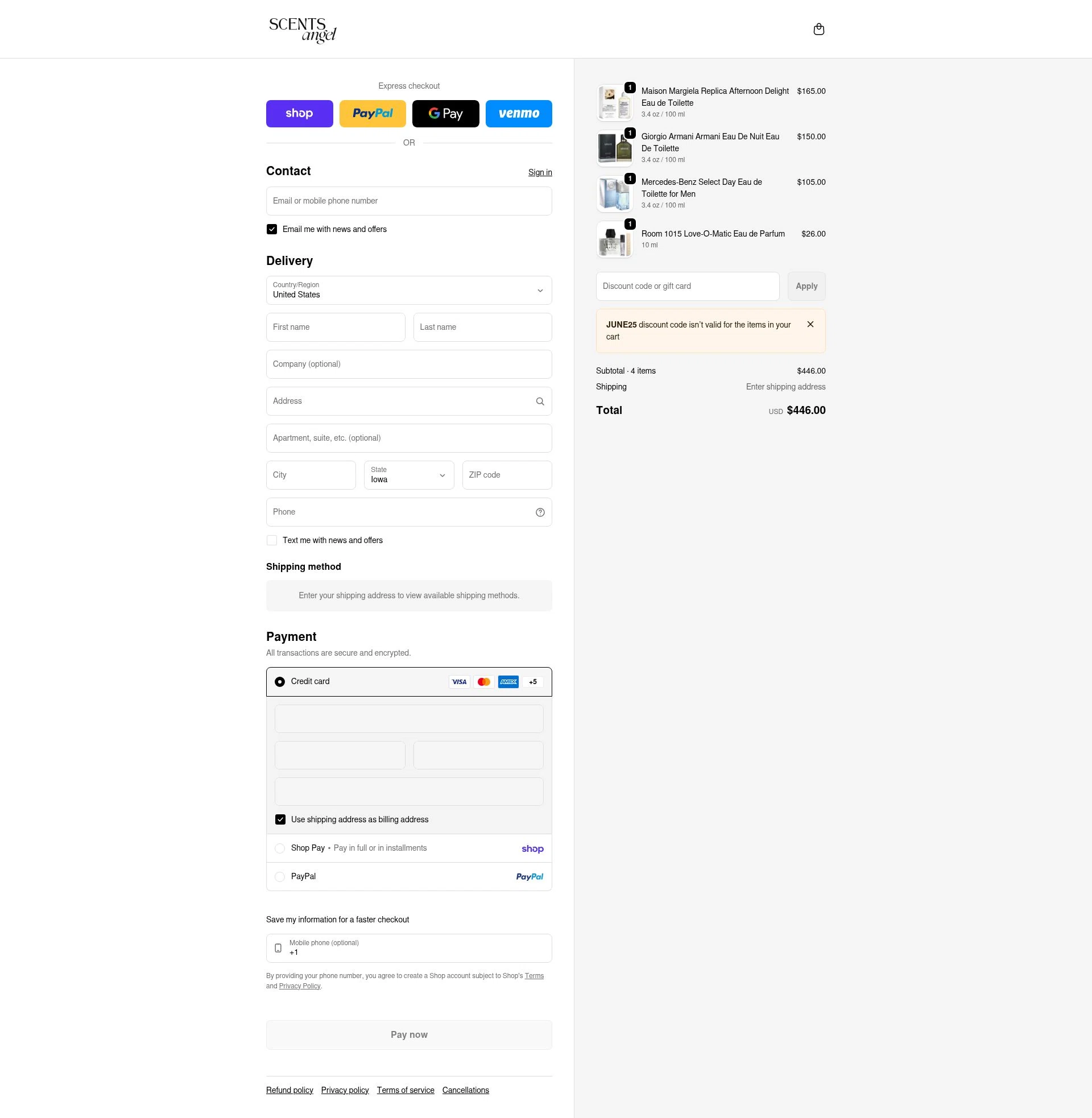 Scents Angel checkout page showing Scents Angel discount code box | Screenshot taken by SimplyCodes community member on Feb 25, 2026