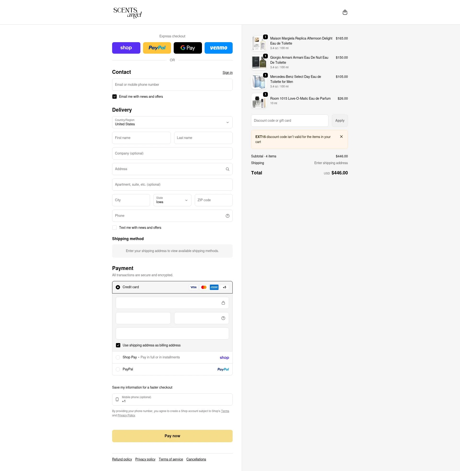Scents Angel checkout page showing Scents Angel discount code box | Screenshot taken by SimplyCodes community member on Feb 25, 2026