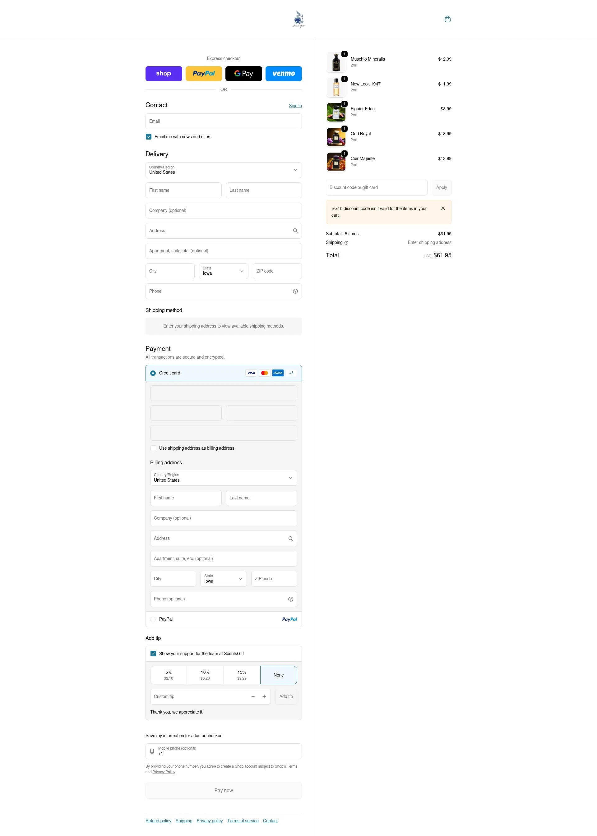 ScentsGift checkout page showing ScentsGift coupon code box | Screenshot taken by SimplyCodes community member on Jan 17, 2026