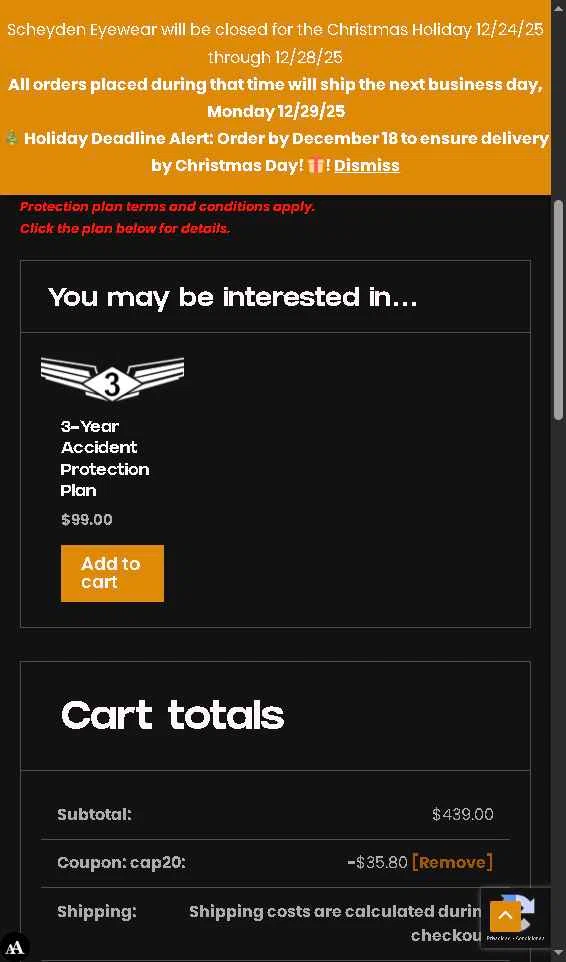 Scheyden Precision Eyewear checkout page showing Scheyden Precision Eyewear promo code box | Screenshot taken by SimplyCodes community member on Dec 24, 2025
