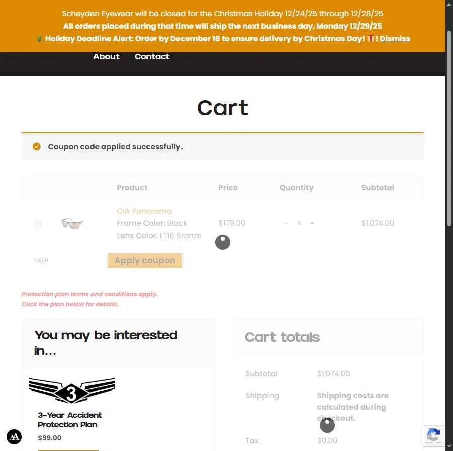 Scheyden Precision Eyewear checkout page showing Scheyden Precision Eyewear promo code box | Screenshot taken by SimplyCodes community member on Dec 16, 2025