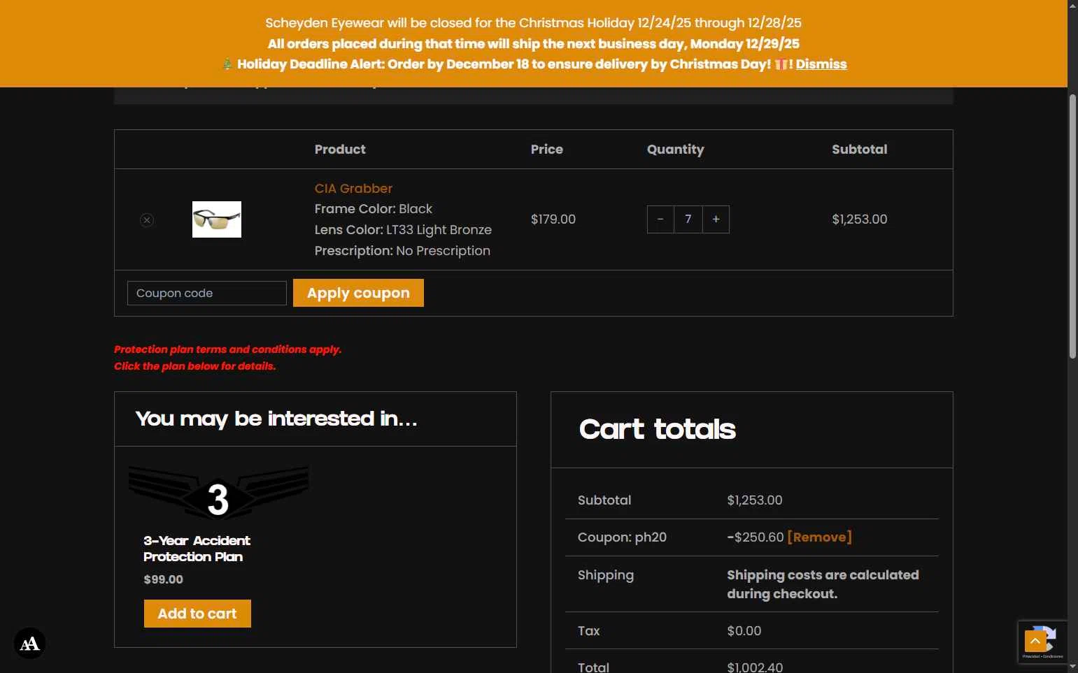 Scheyden Precision Eyewear checkout page showing Scheyden Precision Eyewear promo code box | Screenshot taken by SimplyCodes community member on Dec 19, 2025