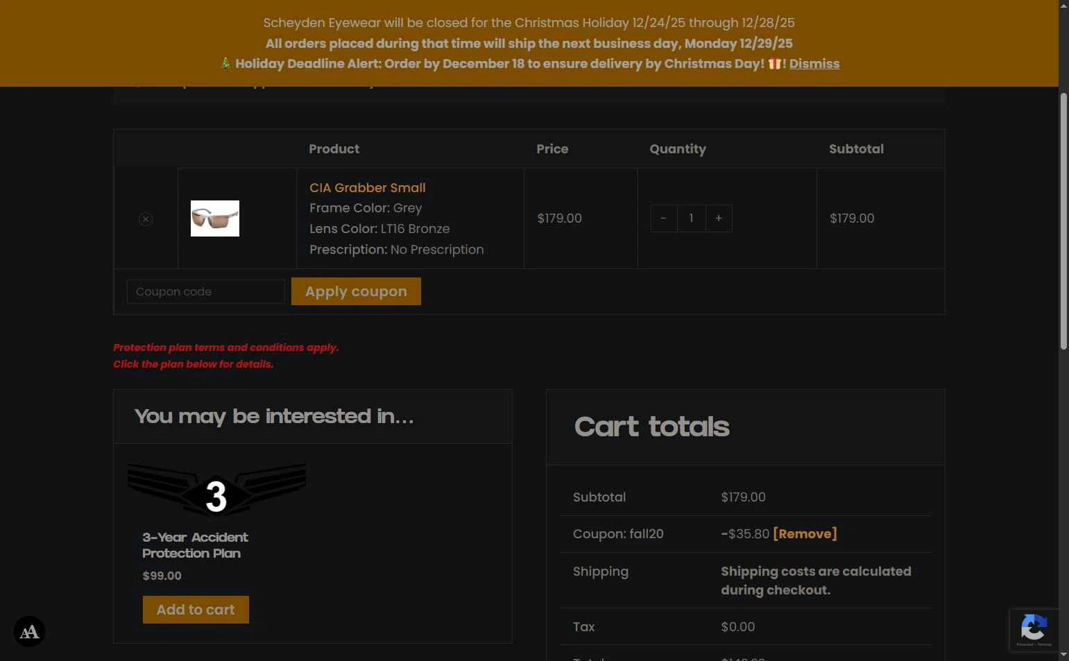 Scheyden Precision Eyewear checkout page showing Scheyden Precision Eyewear promo code box | Screenshot taken by SimplyCodes community member on Dec 17, 2025