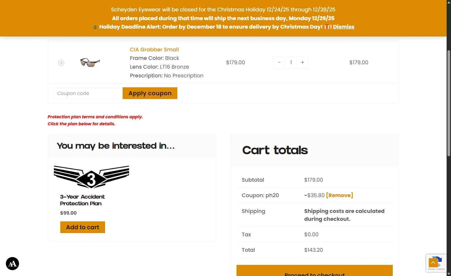 Scheyden Precision Eyewear checkout page showing Scheyden Precision Eyewear promo code box | Screenshot taken by SimplyCodes community member on Dec 19, 2025