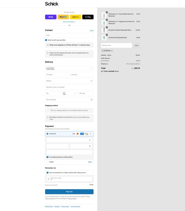 Schick checkout page showing Schick coupon code box | Screenshot taken by SimplyCodes community member on Aug 31, 2025
