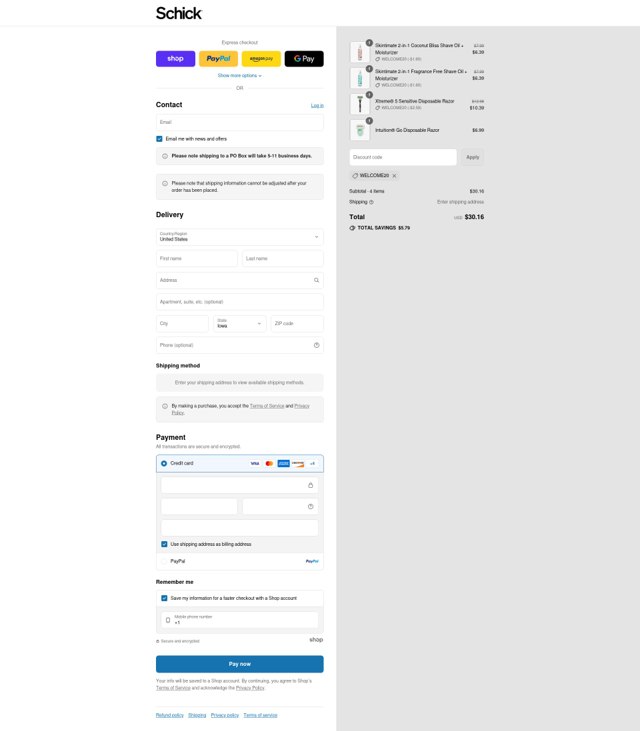 Schick checkout page showing Schick coupon code box | Screenshot taken by SimplyCodes community member on Aug 31, 2025